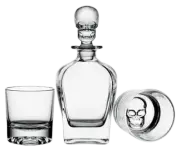 Godinger SKULLARY 3 Pc Set Double Old Fashion Glasses and Decanter Clear Skull