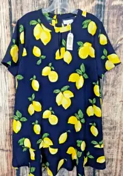 NWT Mud Pie Lana Dress Womens Large Yellow Lemons Navy Blue Short Stretch Fruit