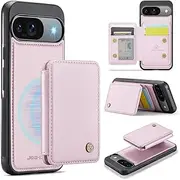 [Dteck] for Google Pixel 9 Pro/9 Back Cover Case 6.3" 2024 with Removable Magnetic Flip Wallet, 4 Card Slots, RFID Blocking, Buttons Closure, PU Leather Solid Color Lightweight Protective Case, Pink