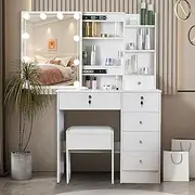 Buildonely Hollywood Vanity Desk with Lights and Mirror, 5 Large Drawers and 6 Cabinets for Items Storing, Grils Vanity Set with Soft Stool, White Vanity Table