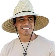[Panama Jack] Lifeguard Sun Hat - Palm Fiber Straw, 5" Bound Big Brim, Chin Strap with Toggle, Logo Badge