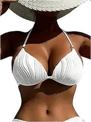 [SOLY HUX] Women's Textured Push Up Bikini Top Halter Tie Backless Bathing Suit Tops Cheeky Swimsuits