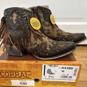 Corral Western Boots A4280, Honey LEOPARD FRINGE Ankle Boot ZIPPER, Womens. 7.5