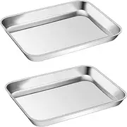 Small Toaster Oven Pan Set of 2, P&P CHEF Stainless Steel Toaster Oven Tarys Baking Pans, Round Smooth Edges & Healthy & Easy Clean, Rectangle 9 x 7 Inches