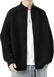 [Qolkmuiy-GJ] Men's Trendy Knitted Warm Jacket Stand Collar Zipper Thickened Cardigan Casual Turtleneck Full Zip Open Sweater