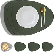 Neween Placemats and Coaster Set of 4, Oval PU Leather Placemats Non-Slip Wipeable Waterproof Table Mats, Double-Sided Heat Resistant Kitchen Dining Table Placemats for Hotel Restaurant (Green-Grey)