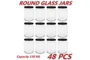 48 x 150ml Glass Honey Jars Round w Black Lid Lolly Jam Wedding Conserve Food Storage