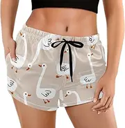 [visesunny] Women's Board Shorts White Goose in Different Pose Summer Beach Swim Shorts with Pockets Bathing Suits