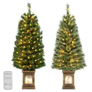 Costway 2PCS 125CM Pre-Lit Potted Christmas Tree W/100 LED Lights Antique Urn Base Porch Indoor Holiday Christmas Decoration Green