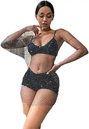 [Generic] Rhinestone Mesh Dress Women Fishnet Sheer Dress Long Sleeve Short Black See Through Mesh Dress Sexy Party Nightclub