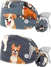 [YTYVAGT] 2-Pc,Nurse Scrub Caps,Scrub Hats with Buttons and Cotton Sweatband,All Kinds of Dogs