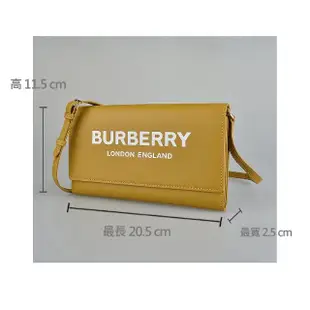 【BURBERRY 巴寶莉】BURBERRY Hazelmere白字LOGO滑面牛皮12卡翻蓋釦式斜背長夾(芥末黃)