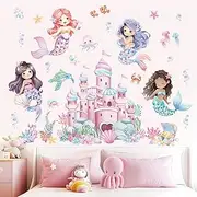 wondever Under The Sea Mermaid Castle Wall Stickers Ocean Creature Seaweed Bubble Peel and Stick Wall Art Decals for Girls Bedroom Baby Nursery Kids Bedroom