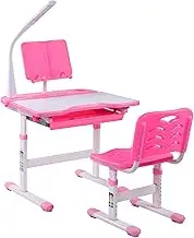 Children's Desks Height Adjustable Children's Desks and Chairs Set Children's School Students Sturdy Tables with Tilted Desktops Pull-Out Drawers Storage Bookshelves,Pink