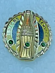 Coca Cola Bottle 10K Gold 15 Year Award Pin Dieges & Clust Emerald Stones