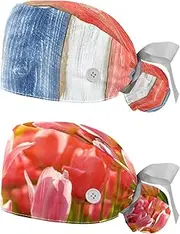 [WOSHJIUK] Working Hat 2 Pack Scrub Caps for Women,Colorful Wooden Boards Painted,Tie Back Cap Adjustable Scrub Hat