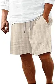 Summer Linen Shorts for Men Flat Front Casual Beach Yoga Shorts Drawstring Elastic Waist Vacation Pants with Pockets