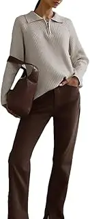 [Generic] Women Pullover Knitted Sweater Long Sleeve Solid Color Zipper Sweater
