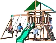 Backyard Discovery Grayson Peak All Cedar Wooden Swing Set, Colorful Canvas Enclosed Canopy, Wave Slide, Belt Swings and Web Swing, Rockwall with Climbing Rope and Rope Ladder