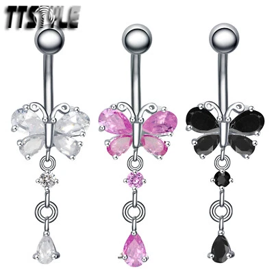 Lovely TTStyle CZ Butterfly Dangle Belly Bar Ring 3 Colours NEW