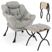 Giantex Large Lazy Chair Upholstered Accent Chair w/Ottoman & Folding Footrest Grey