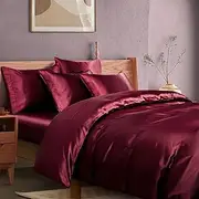 Manyshofu 6Pcs Maroon Duvet Cover Set Queen Size with Satin Fitted Sheet - Not Comforter, Cooling & Silky Comforter Cover Satin Bed Sheets Duvet Cover (4 Pillowcases, 1 Duvet Cover, 1 Fitted Sheet)