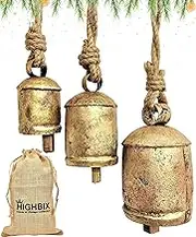 HIGHBIX Set of 3 Harmony Cow Bells Vintage Handmade Rustic Lucky Christmas Hanging Bells On Rope