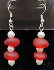 Red Sea Glass & Faux Pearl Earrings by Neanie-Bot
