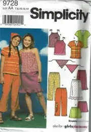 Simplicity Sewing Pattern 9728 Top Skirt Shorts Pants Scarf Girls Size 7-14