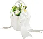 White Wedding Baskets For Favors - Bowknot White Baskets For Wedding,Rustic Bowknot Pearl Beaded Handle White Satin Foldable Basket