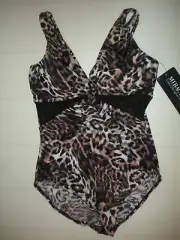 MIRACLESUIT Leopard Twist of Fate 1 PC V Neck Mesh Cut Out Swimsuit Sz 14 NWT