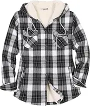 [ThCreasa] Womens Sherpa Lined Plaid Hooded Flannel Jacket with Hand Pockets Button Down Shirt Jackets