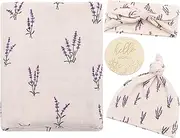 LifeTree Muslin Swaddle Blankets, Muslin Baby Boy Swaddle Blanket, Headband and Hat Set with Birth Announcement Card, Newborn Unisex Receiving Organic Cotton Blankets, Lavender Pattern