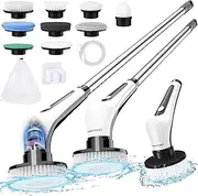 Electric Spin Scrubber, [Upgrade IPX8 Waterproof] 14 in 1 Homtronics Cordless Cleaning Brush with 9 Replaceable Drill Brush Heads, Rechargeable Power Scrubber Mop for Bathroom Floor Car Tile (Black)