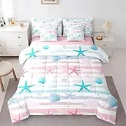 Homewish 7 Pieces Ocean Coastal Bedding Set Twin,Geometric Stripes Comforter Set Watercolor Pink Blue Kids Girls Boys Woman Seashell Conch Starfish Down Comforter,Fitted Sheet,Flat Sheet,2 Pillowcase