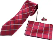 [Zasel] Mens Red & Navy Checkered Matching Neck Tie, Pocket Square, Cuff Links And Tie Clip Set Dark Red, Navy, Sand, Grey
