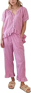 [Flygo] Womens Plaid 2 Piece Pajamas Sets Gingham Button Down Puff Sleeve Babydoll Shirt Ruffle Pants Y2K Pjs Lounge Set