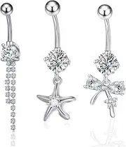 [Niaspi] 3Pcs 14G CZ Tassel Star Bowknot Dangle Belly Button Rings for Women Dangling 316L Stainless Steel Belly Navel Barbell Ring Sparkling Body Piercing Jewelry