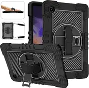 Case for Samsung Galaxy Tab A8 10.5 inch Tablet 2022 (SM-X200/X205/X207) with [Hand Strap & Shoulder Strap] [360° Rotating Kickstand] Hard Rugged Shockproof Swivel Stand Cover, Black