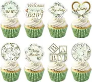 Weecent 48 Pcs Greenery Baby Shower Cupcake toppers Oh Baby Party Decorations Sage Green Party cake toppers Baby Boy Girl Birthday Party Green Leaf Cake Decorations