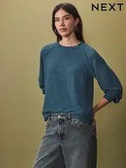 Teal Blue Textured Long Sleeve Top (N75392) | $60