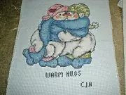 Finished Cross Stitch SNOWMEN WARM HUGS 7" X 7"
