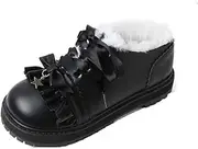 [ZRDSZWZ] Reliable WomenShoes Autumn Winter Warm Lining Lace-up Leather Shoes Retro Round Toe Bowknot Sweet Princess Shoes (Color : Black, Size : 2 UK)