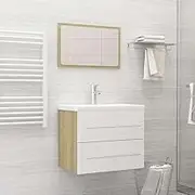 2 Piece Bathroom Furniture Set White and Sonoma Oak Engineered Wood,Modern Bathroom Furniture Set with Storage Cabinet and Wall Mirror for Bathroom Decor Furniture Sets