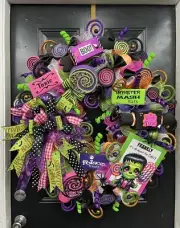 HUGE Halloween Whimsical Wreath Door Hanger Home Decor Frankenstein Candy