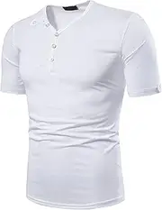[Maiyifu-GJ] Men's Single Button Placket Plain V Neck Shirts Casual Premium Slim Fit T-Shirts Plain Cotton Collarless Golf Tee