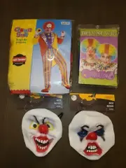 NEW STANDARD SIZE ADULT CLOWN COSTUME WITH EXTRAS MASKS & WIG