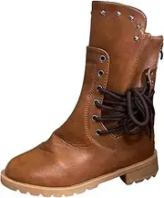 [JEUROT] Combat Boots for Women Round Toe Military Mid Calf Boots Lace Up Chunky Heels Booties Lug Sole Platform Boot Shoes
