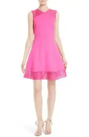 TED BAKER London Hot Pink Sheer Mesh Inset ELEESE Fit & Flare Dress 0TB = 0/2 XS