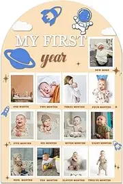 GotGala My First Year Wooden Photo Board Outer Space Birthday Party Decorations 12 Months Milestone Photo Board Baby’s First Year Picture Frame for Space Themd 1st Birthday Baby Shower Gender Reveal